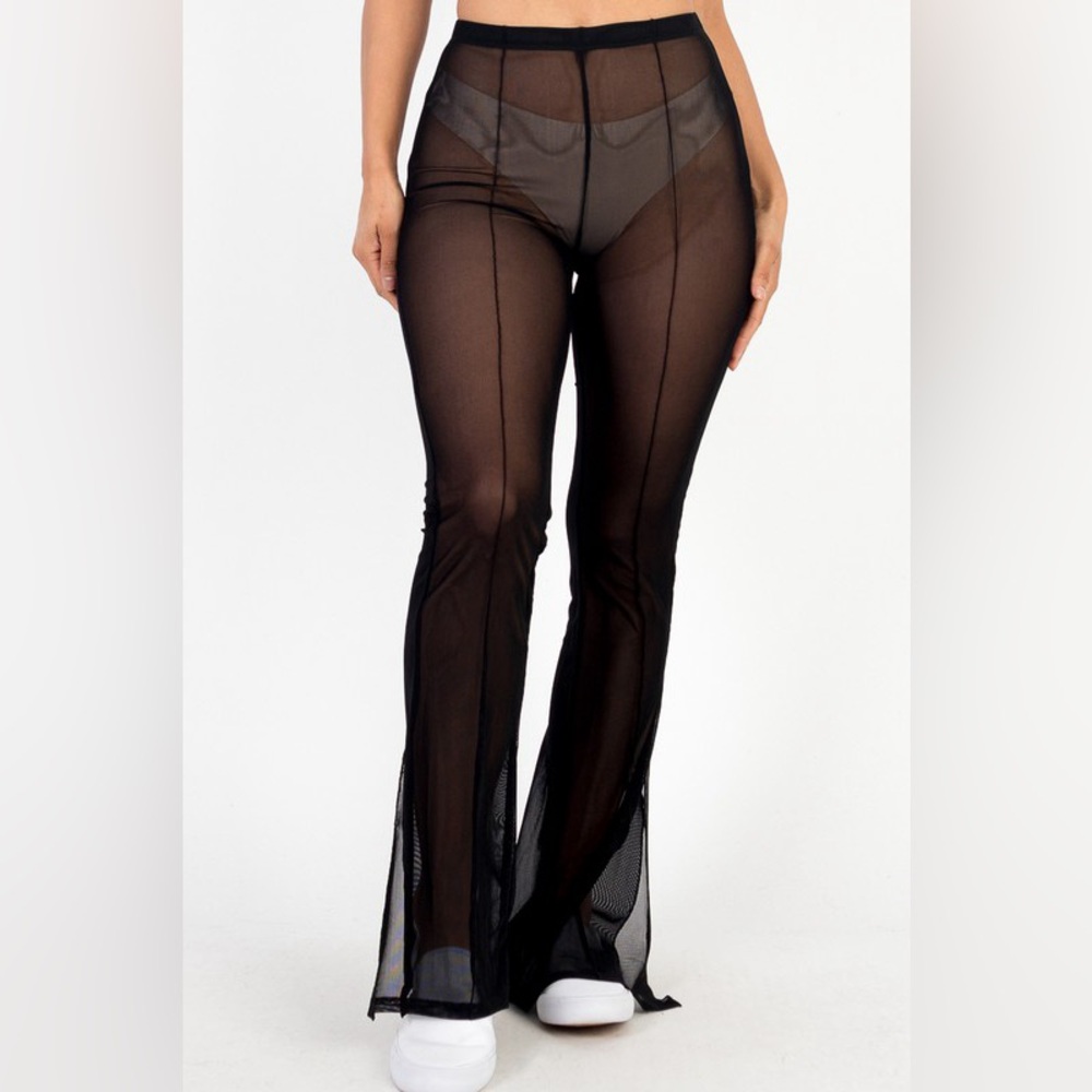 330B. Sheer Black Mesh Flared Leggings